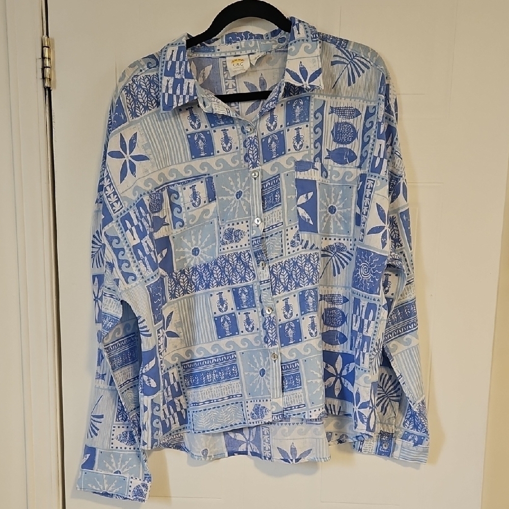 C&C California 100% Linen Shirt Womens XL Blue white geometric Button Up NWT